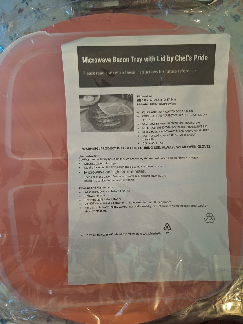 Microwave Bacon Tray with Lid - Coral/White